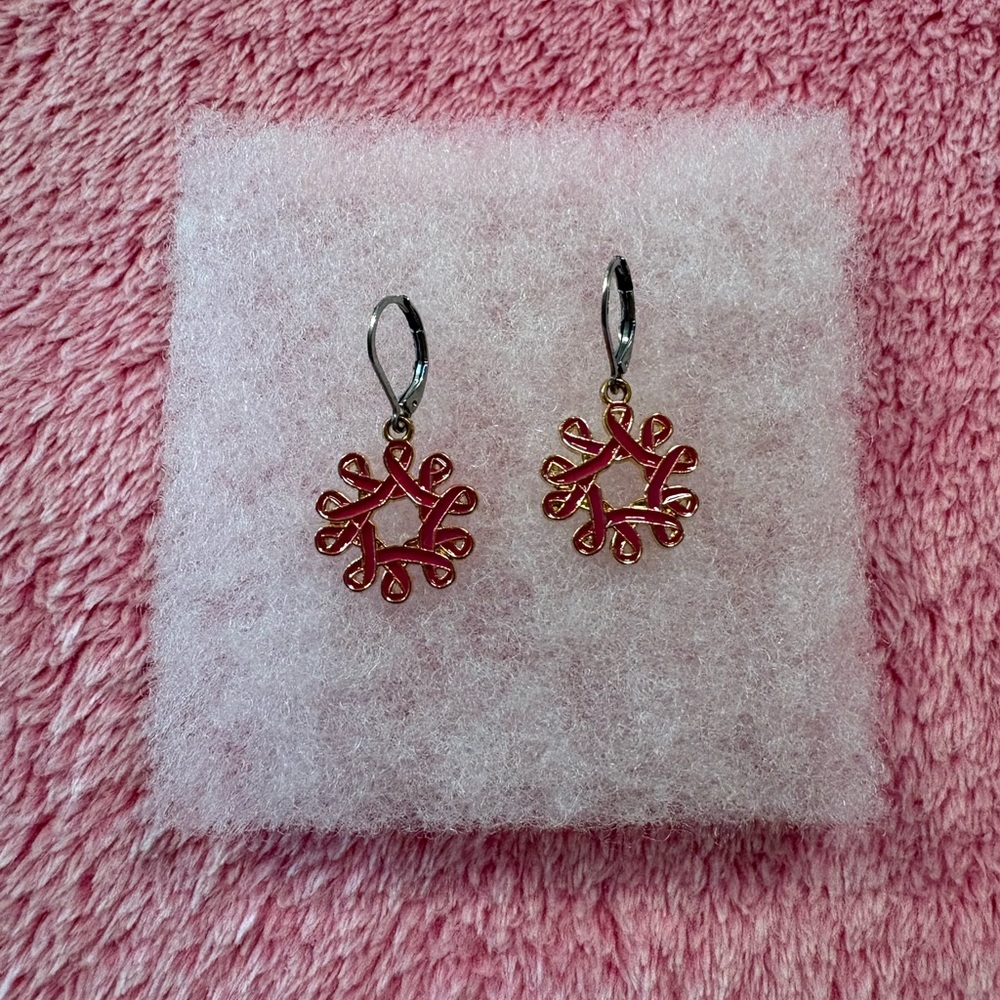 Breast Cancer Awareness Pink Ribbon Snowflake Earrings